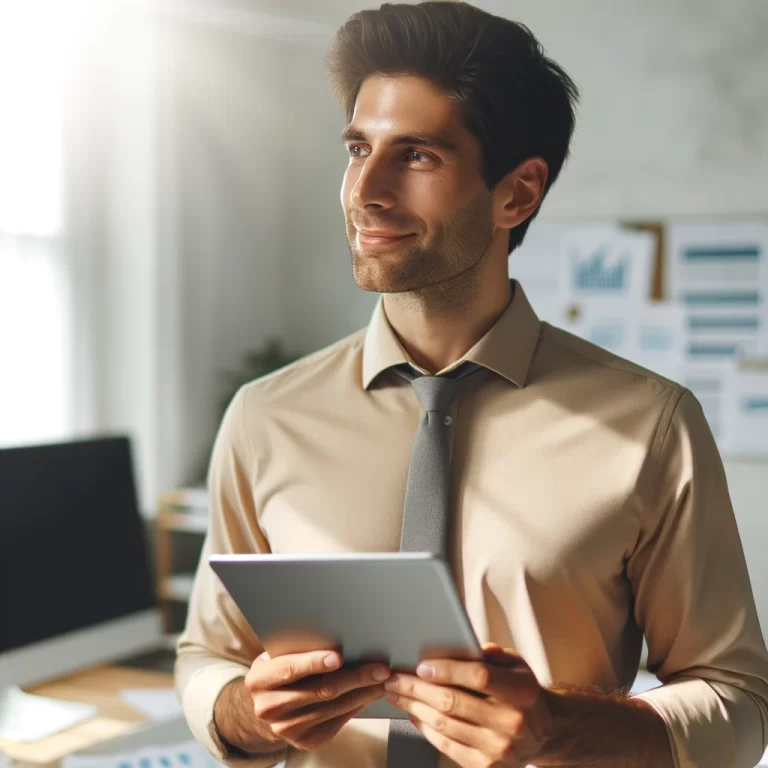 Dall·e 2024 05 28 18.46.43 A Male Accountant Holding A Tablet, Looking To The Right While Wearing A Beige Dress Shirt. He Has A Professional Demeanor, Standing In An Office Envi - Contabilidade em Pirituba | Contábil Pirituba