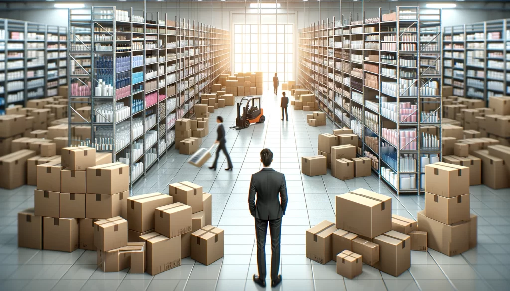 Dall·e 2024 05 28 20.20.27 A Bustling Cosmetics Distribution Center With Shelves Full Of Neatly Organized Beauty Products. The Background Shows Workers Moving Boxes And Checking - Contabilidade em Pirituba | Contábil Pirituba